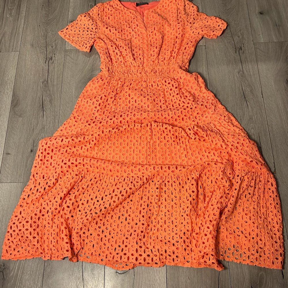 ZESICA Women’s Large Eyelet Tiered Orange Midi Dress Cottagecore Boho